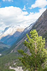 View from Mount Cheget to the snow-capped peaks of the Caucasus