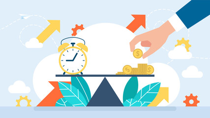 Fototapeta na wymiar Time and money on scales. A businessman's hand puts money on the scales to balance time. Clock and coins. Weights with clock and money coin. Flat style. Business illustration.