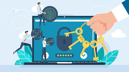 PC security concept. Secure connection, privacy and protection. Traffic Encryption, VPN. Bunch of keys to open the padlock and get access to hack privacy, activities and user data. Illustration © Yurii