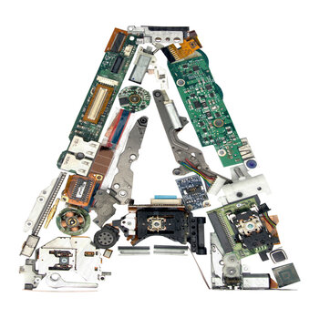  the letter A made up of old electronic  parts 