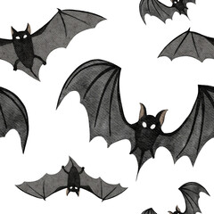 Seamless pattern Halloween bats Digital paper Watercolor illustration Transparent background 