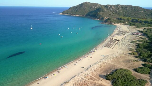 Spectacular aerial image in Sardinia Italy, Villasimius beach with few people