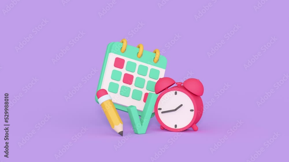 Poster calendar and clock. time management concept. minimal cartoony 3d render animation
