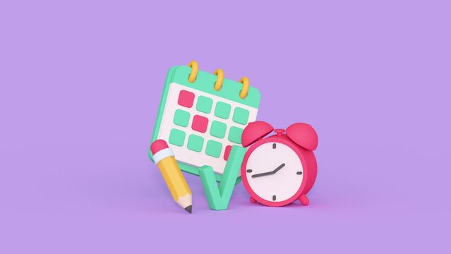 Calendar and clock. Time management concept. Minimal cartoony 3D render animation