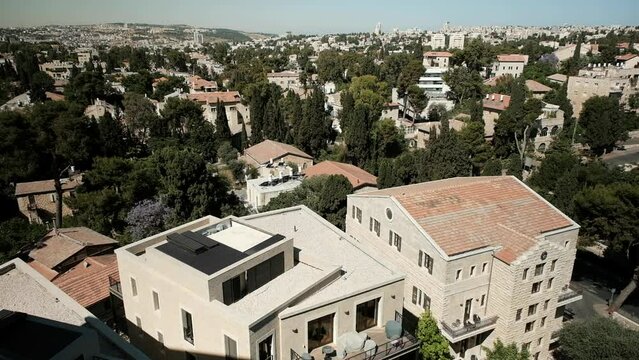 A bird's eye view of the German colony on a beautiful sunny day. an NTSC video clip, Jerusalem, Israel.
