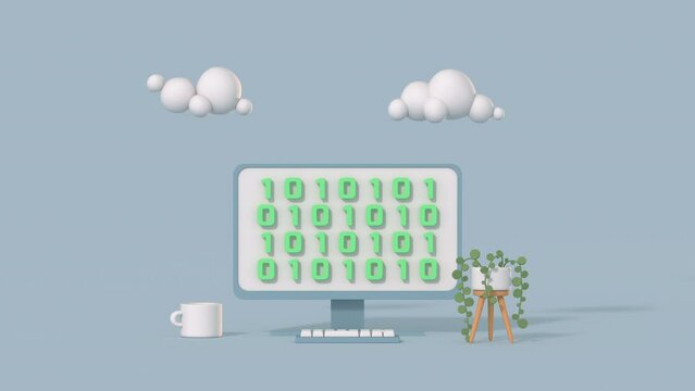 Minimal desktop computer with binary code. Cartoon style 3D render animation