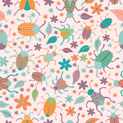 Bugs, leaves and flowers colorful seamless repeating pattern for kids on light pink background. Vector illustration