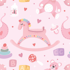 Baby shower pattern with toy horse, pyramid, ball, bib, teddy bear, milk bottle, nipple, rattle, blocks with letters of the English alphabet
