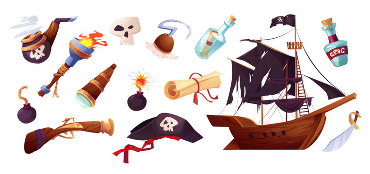 Pirates set icons in cartoon style. Flag, ancient parchment pirate's treasure map, message in glass bottle, spyglass, white skull, hand hook, smoking pipe, torch with burning fire and flames, flambeau