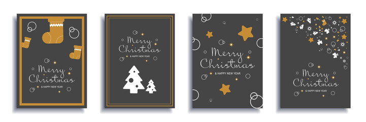 Fototapeta na wymiar Merry Christmas and New Year 2023 brochure covers set. Xmas minimal banner design with gold socks and stars, white trees, festive borders. Illustration for flyer, poster or greeting card