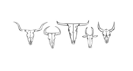 Hand drawn abstract vector graphic clipart illustration boho country bull skull collection set.Wild Western design.Boho wild west contemporary art.Cowboy modern line art drawing.American cowboy logo.