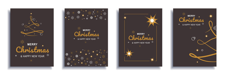 Fototapeta na wymiar Merry Christmas and New Year 2023 brochure covers set. Xmas minimal banner design with abstract gold festive tree and snowflakes patterns. Illustration for flyer, poster or greeting card