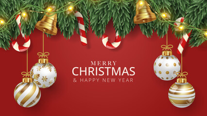 Merry Christmas poster background with christmas tree branche, christmas balls, candy and bells. Vector illustration