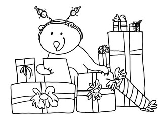 Cute teddy bear checking the list of wishes. Wrapped Christmas presents in a craft paper. Gift boxes. Traditional preparation. Coloring book page. Black and white hand drawn cartoon illustration.