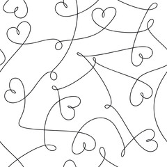 Trendy continuous one line heart shapes vector seamless pattern. Abstract backdrop illustration. Wallpaper, graphic background, fabric, textile, print, wrapping paper or package design. Love concept.