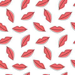 Naklejka premium Red lips seamless pattern vector. Continuous one line drawing illustration. Female hand drawn mouth icon. Wallpaper, graphic background, fabric, textile, print, wrapping paper or package design.