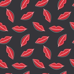 Vector lips seamless pattern. Continuous one line drawing illustration. Female hand drawn mouth icon. Wallpaper, graphic background, fabric, textile, print, wrapping paper or package design. 