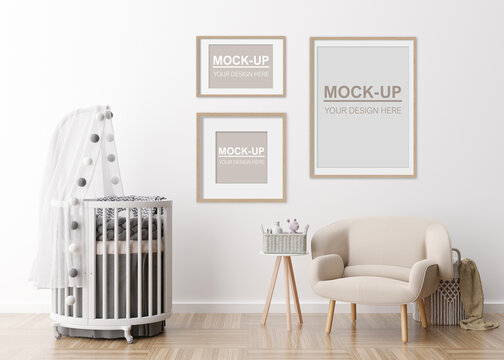 Empty picture frames on the wall in modern child room. Frames mock up in contemporary style. Copy space for your picture, poster. Baby bed, armchair. Cozy room for kids. 3D rendering.