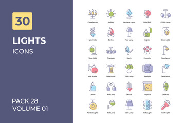Light icons collection. Set contains such Icons as light bulb, energy saver, wall lamp, floor lamp, and more
