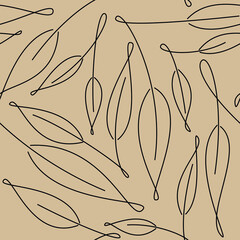 Abstract line vector leaves seamless pattern. Beige linear floral backdrop illustration. Wallpaper, linear botanical background, fabric, textile, print, wrapping paper or package design.