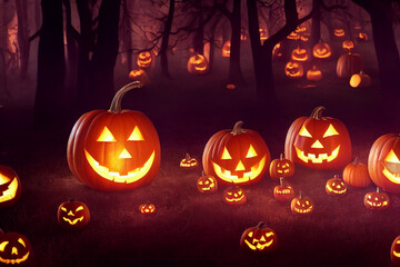 big pumpkins in the old cemetery at night on a full moon halloween, candles and lights