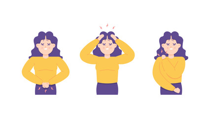 shoulder pain, stomach ache, and headache. illustration of a woman with several diseases. facial expressions. hands holding the body. health problems. vector character design. for posters, advertiseme