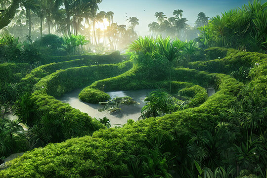 labyrinth in a beautiful lush nature environment, zen garden in the park, digital illustration, digital painting, cg artwork, realistic illustration, book illustration
