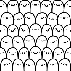 Expressive smiling faces hand drawn seamless pattern black white