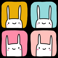 Rabbit smiling heads emotions kawaii hand drawn seamless pattern