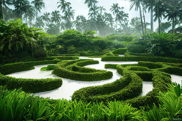 labyrinth in a beautiful lush nature environment, zen garden in the park, digital illustration, digital painting, cg artwork, realistic illustration, book illustration