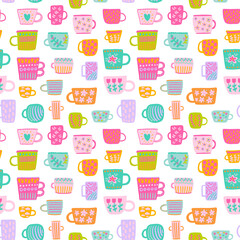 Rainbow colorful cups hand drawn seamless pattern