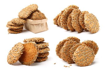 closeup large biscuits with sunflower seeds on white background
