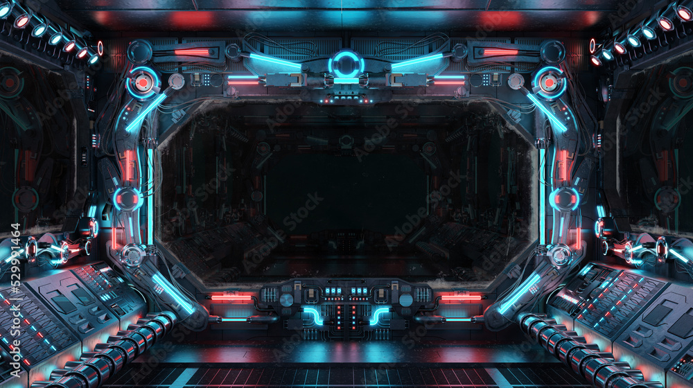 Poster Dark spaceship interior with isolated window. Futuristic spacecraft with glowing blue and red control panels and empty view. 3D rendering
