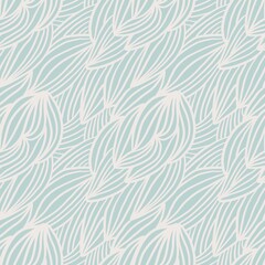 Blue and white leaves abstract waves hand drawn seamless pattern