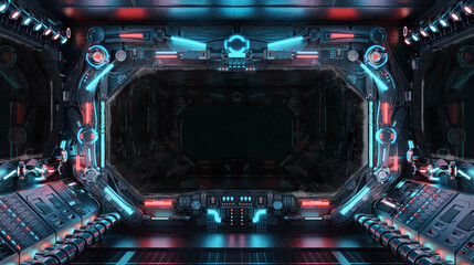 Dark spaceship interior with isolated window. Futuristic spacecraft with glowing blue and red control panels and empty view. 3D rendering