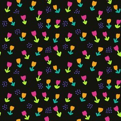 Abstract cute colorful tulips hand drawn seamless pattern on black background