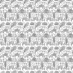 Cows birds trees country hand drawn seamless pattern