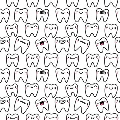 Smiling happy tooth hand drawn seamless pattern