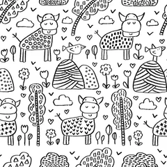 Muurstickers Cows birds trees country hand drawn seamless pattern © ushan