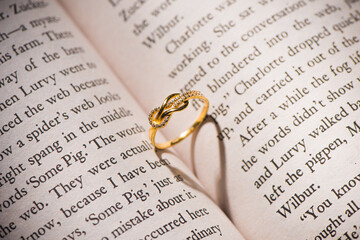 Wedding ring casting a heartonto a  book with rose flower
