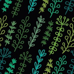 Green plants herbs and leaves hand drawn seamless pattern