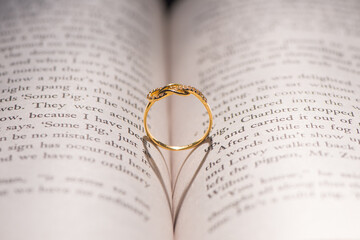Wedding ring casting a heartonto a  book with rose flower