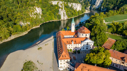 Aerial view of Weltenburg Monastery, Benedictine Abbey, on the Danube, Kelheim, Bavaria, Germany © David Brown