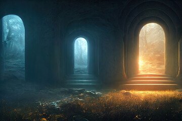 beautiful mystical portal to another world, colorful fantasy environment background, digital illustration,  cg artwork, realistic illustration, concept art, video game background, book illustration