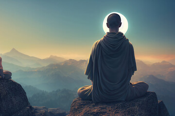 meditating monk in the mountains, digital illustration, digital painting, cg artwork, realistic illustration