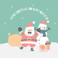 merry christmas and happy new year with cute santa claus and snowman in the winter season, flat vector illustration cartoon character costume design