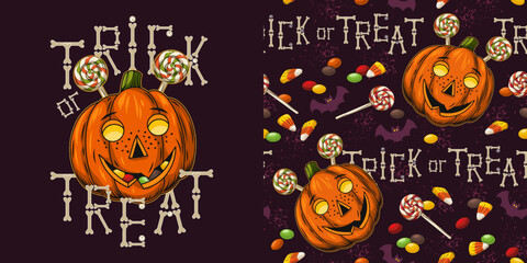 Set of halloween pattern and logo with candy, bat, sweeets, pumpkin stylized as freckled kids face Traditional text Trick or Trick Letters made of bones Textured grunge dark purple background