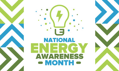 National Energy Awareness Month in October. Optimization and management of energy consumption. The introduction of advanced technology, encourage the use of renewable energy. Energy security. Vector