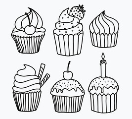 Set of hand drawn cupcakes. 