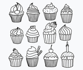 Set of hand drawn cupcakes. 